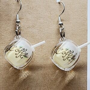 Handmade Yellow Miniature Coffee Cup Resin Drop Earrings Silver Tone 1.5"